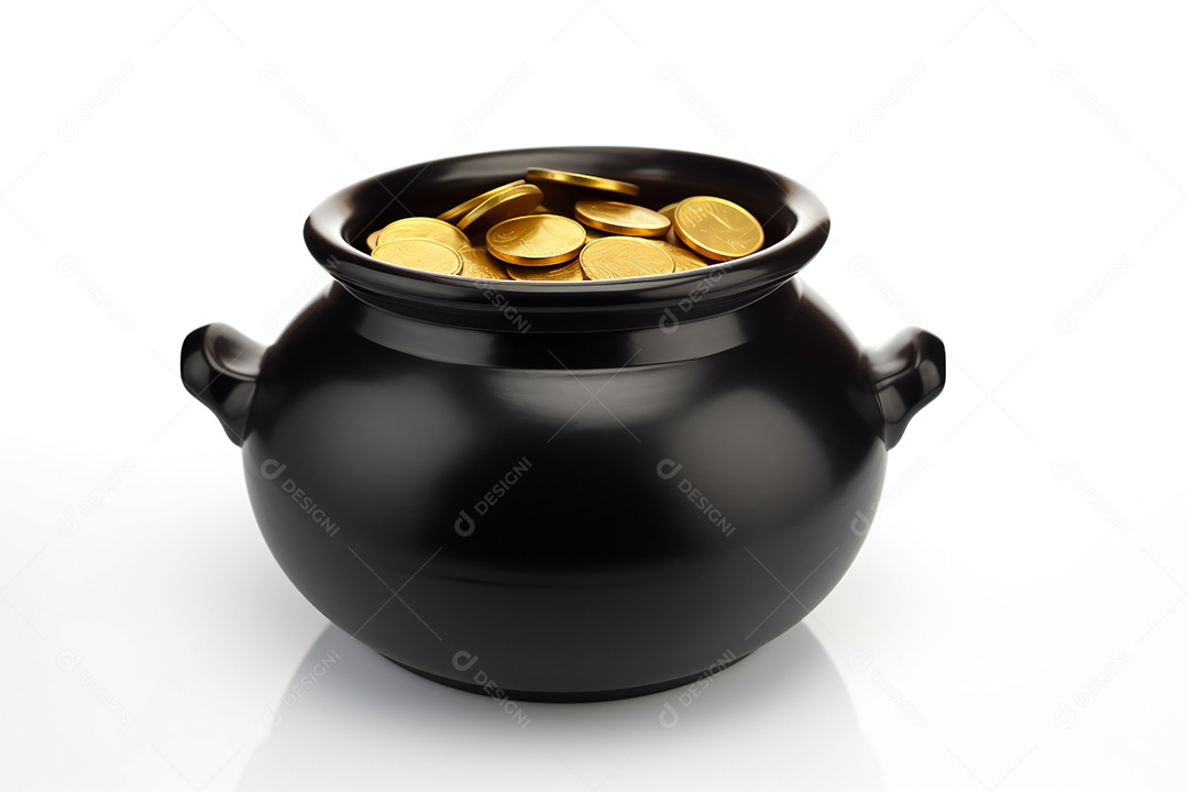 Panela preta com moedas sobre fundo isolado