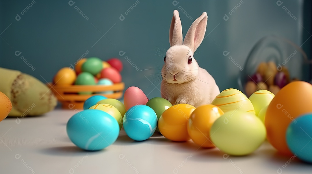 Um coelhinho adorável com muitos ovos coloridos