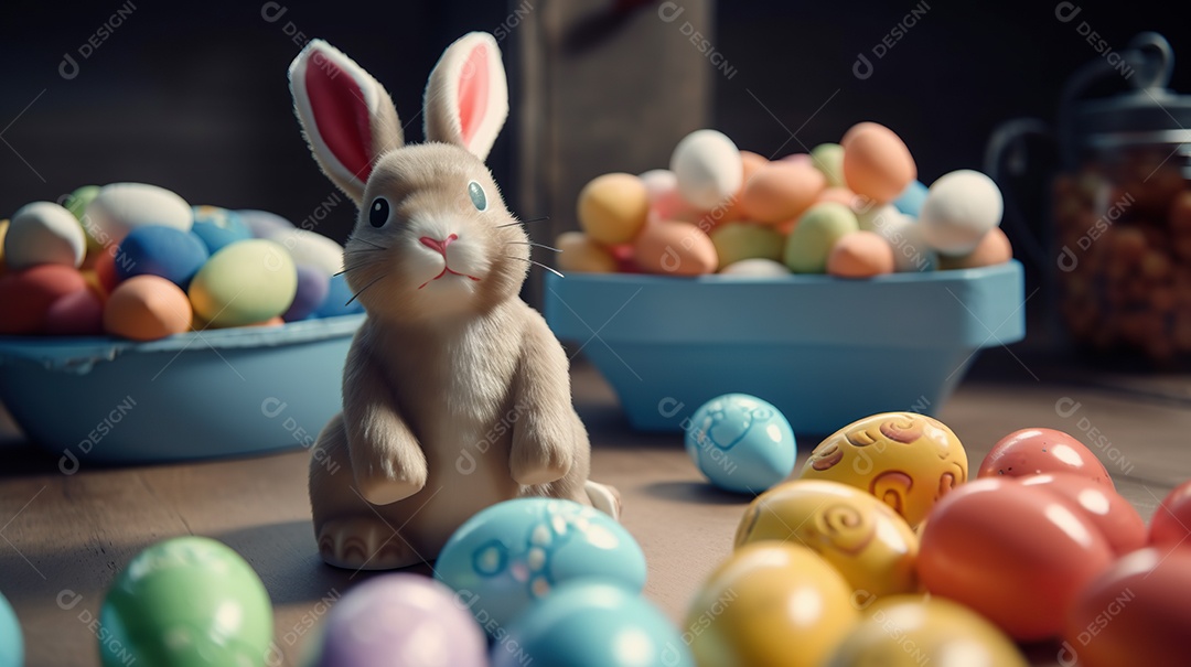 Um coelhinho adorável com muitos ovos coloridos