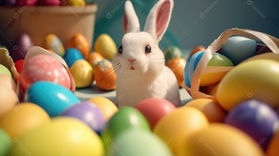 Um coelhinho adorável com muitos ovos coloridos
