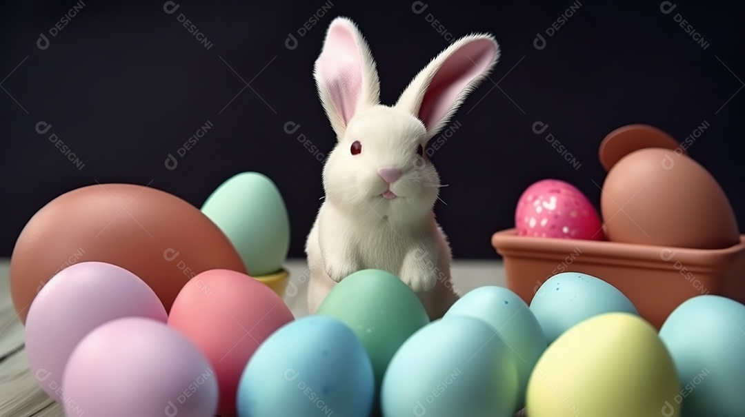 Um coelhinho adorável com muitos ovos coloridos