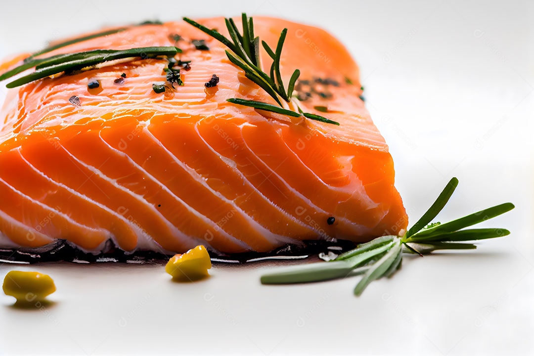 Bife salmão temperado sobre fundo isolado branco