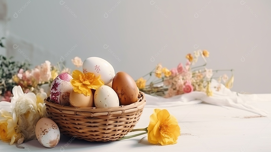 Uma cesta de palha com vários ovos coloridos