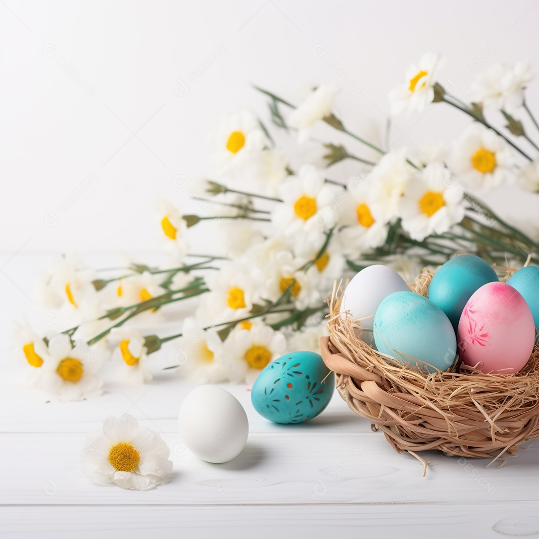 Uma cesta de palha com vários ovos coloridos