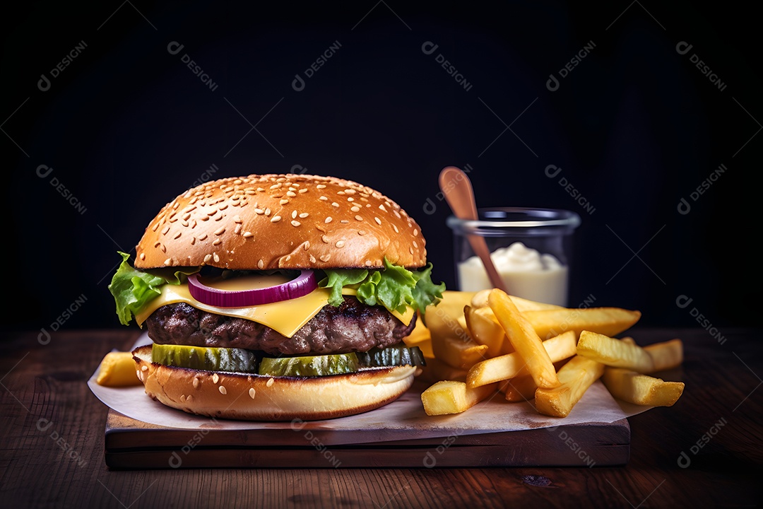 Saboroso hambúrguer caseiro na mesa de madeira rústica