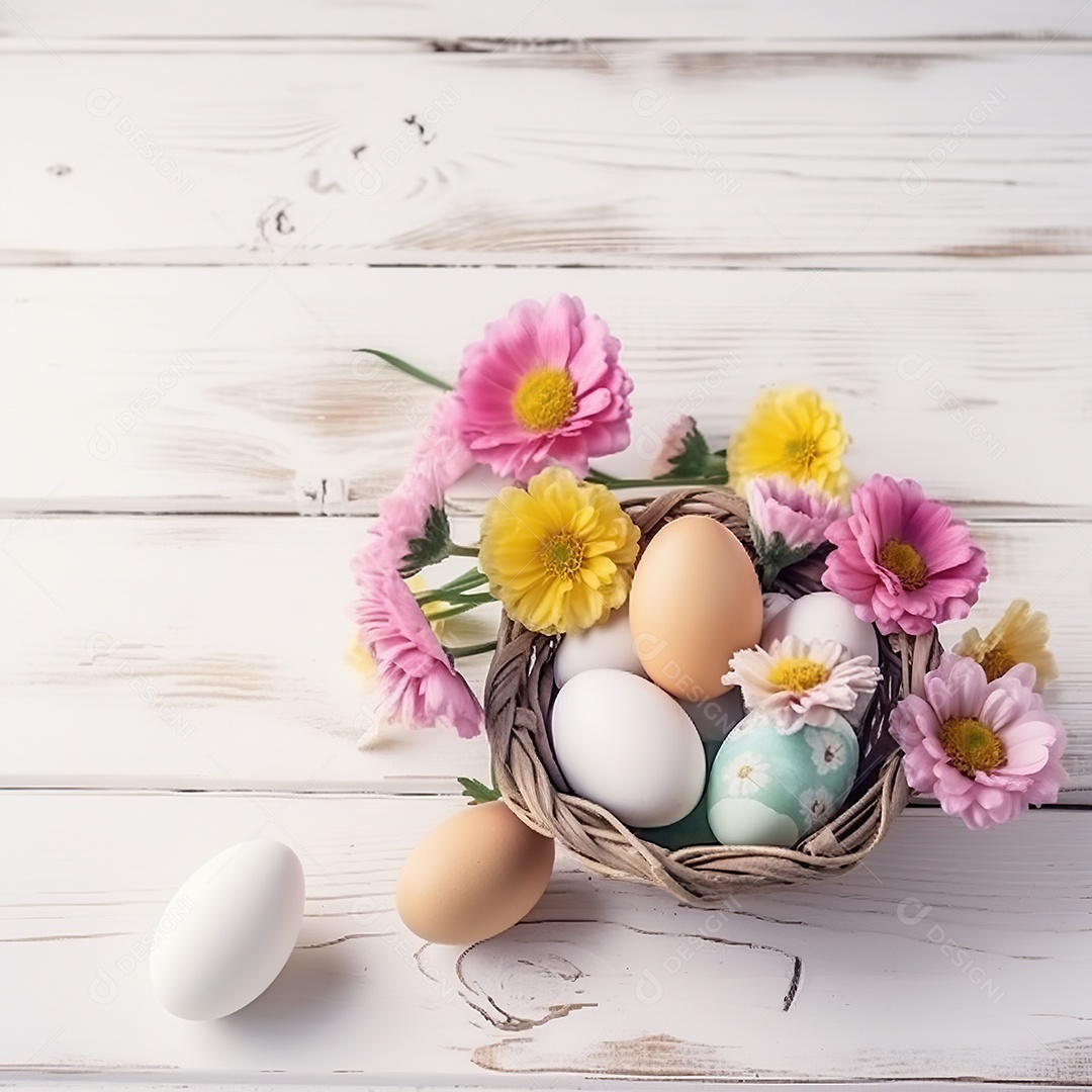 Uma cesta de palha com vários ovos coloridos