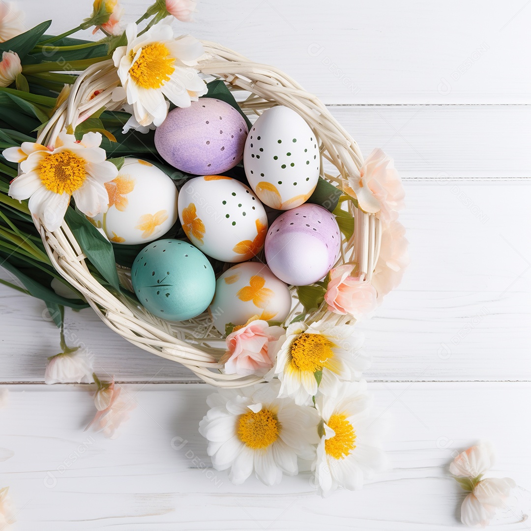 Uma cesta de palha com vários ovos coloridos