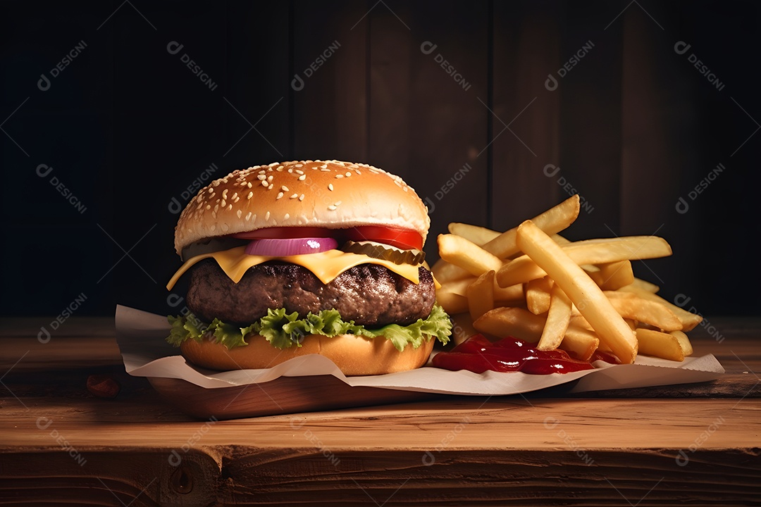 Saboroso hambúrguer caseiro na mesa de madeira rústica