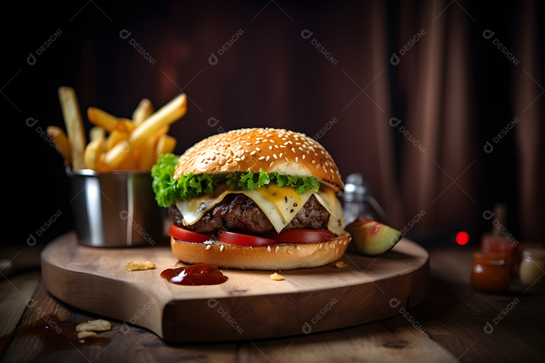 Saboroso hambúrguer caseiro na mesa de madeira rústica