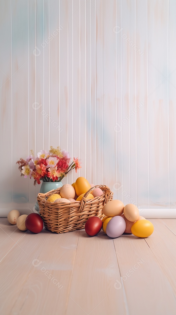 Uma cesta de palha com vários ovos coloridos