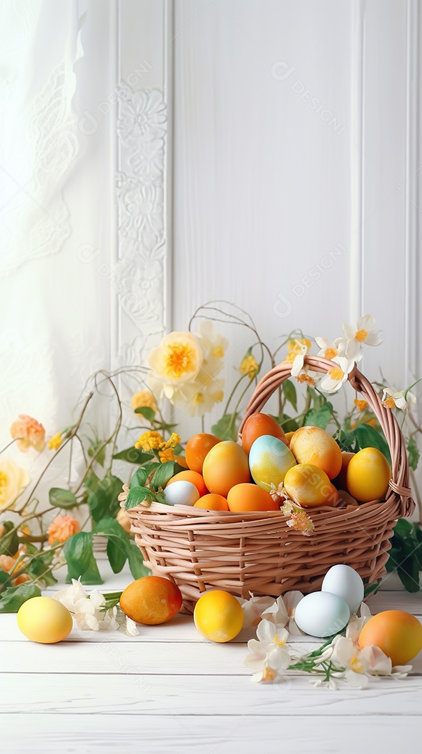 Uma cesta de palha com vários ovos coloridos