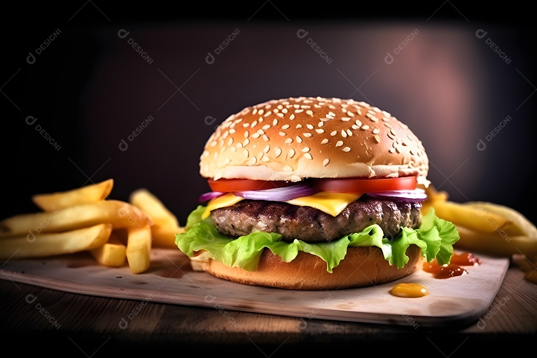 Saboroso hambúrguer caseiro na mesa de madeira rústica