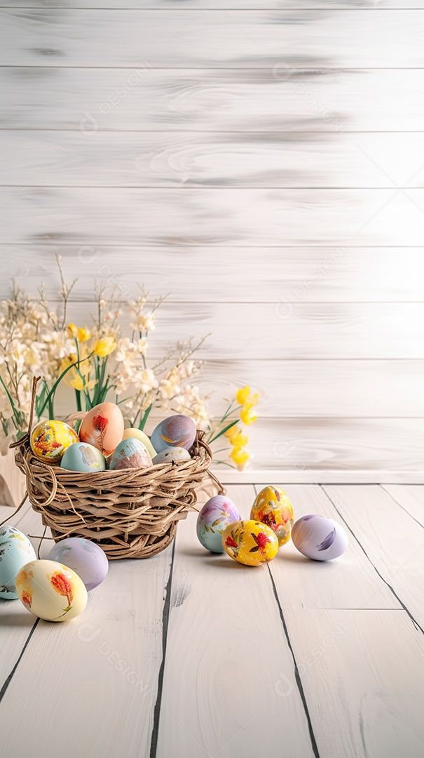 Uma cesta de palha com vários ovos coloridos