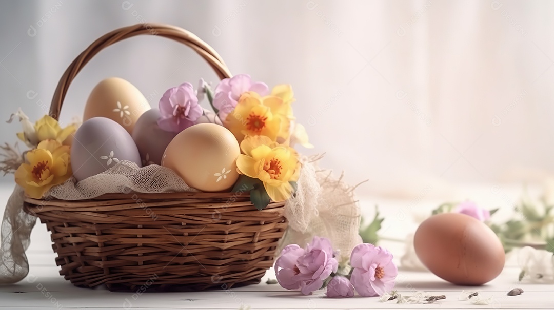 Uma cesta de palha com vários ovos coloridos