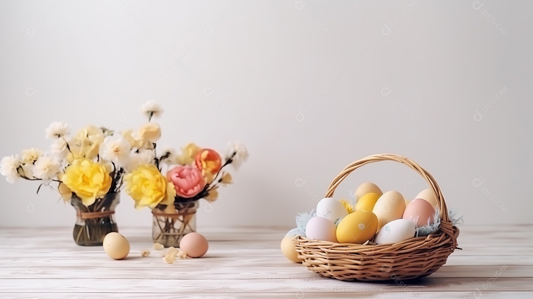 Uma cesta de palha com vários ovos coloridos