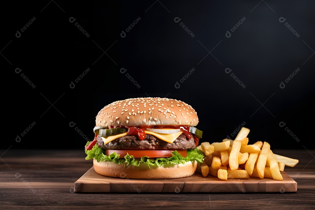 Saboroso hambúrguer caseiro na mesa de madeira rústica