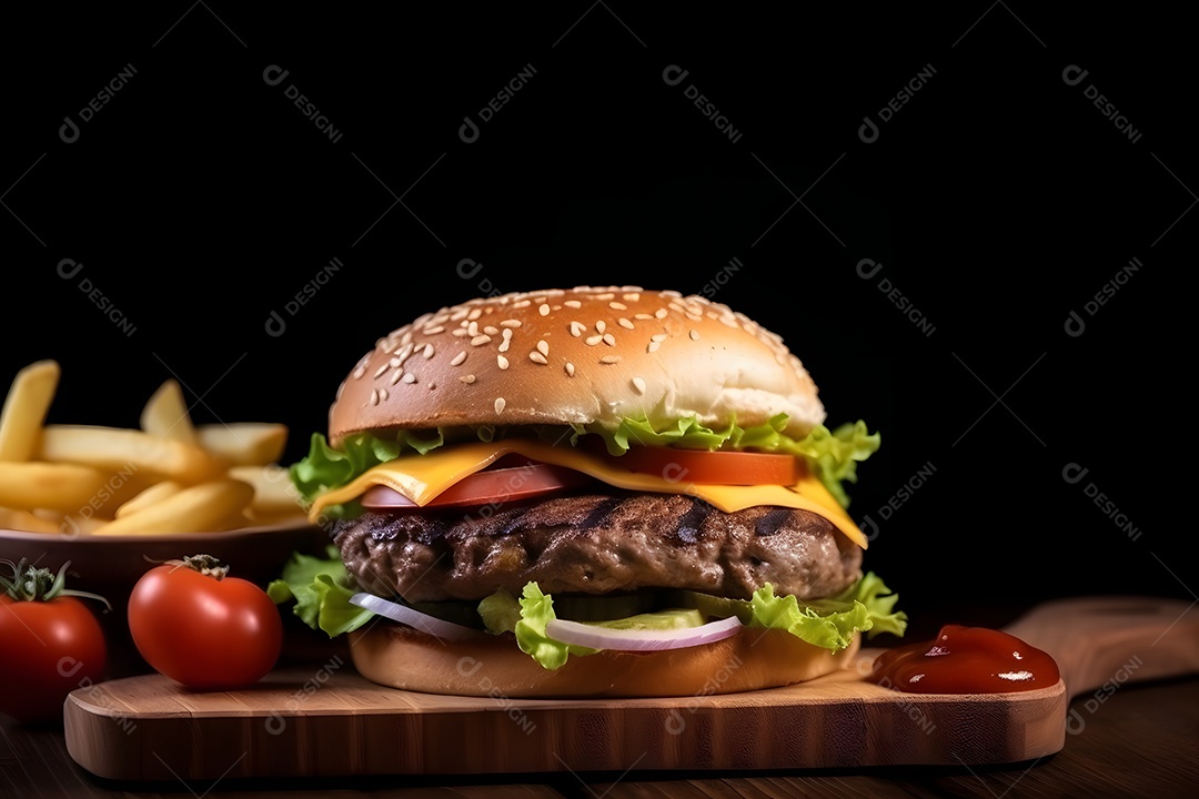 Saboroso hambúrguer caseiro na mesa de madeira rústica