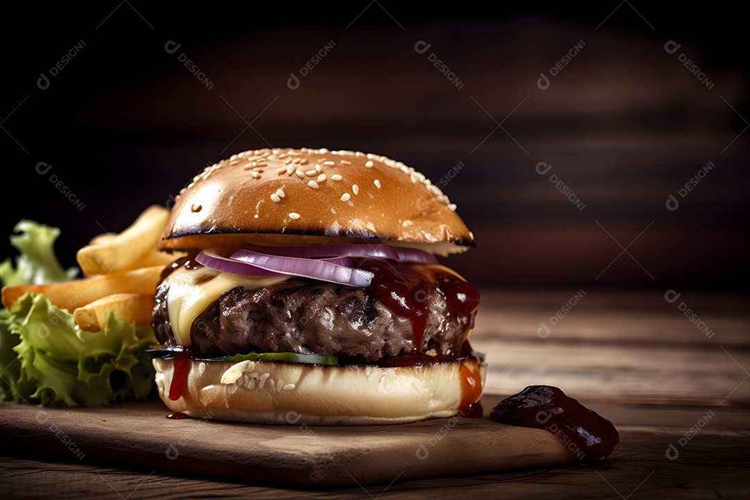 Saboroso hambúrguer caseiro na mesa de madeira rústica