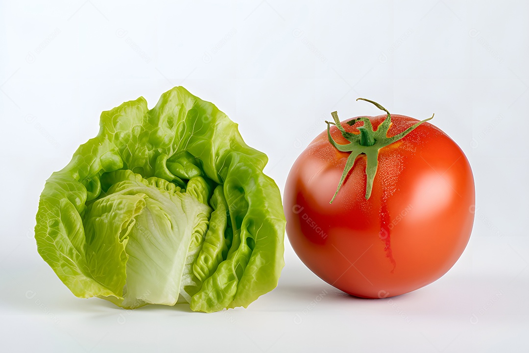 Tomate verduras alface sobre fundo branco