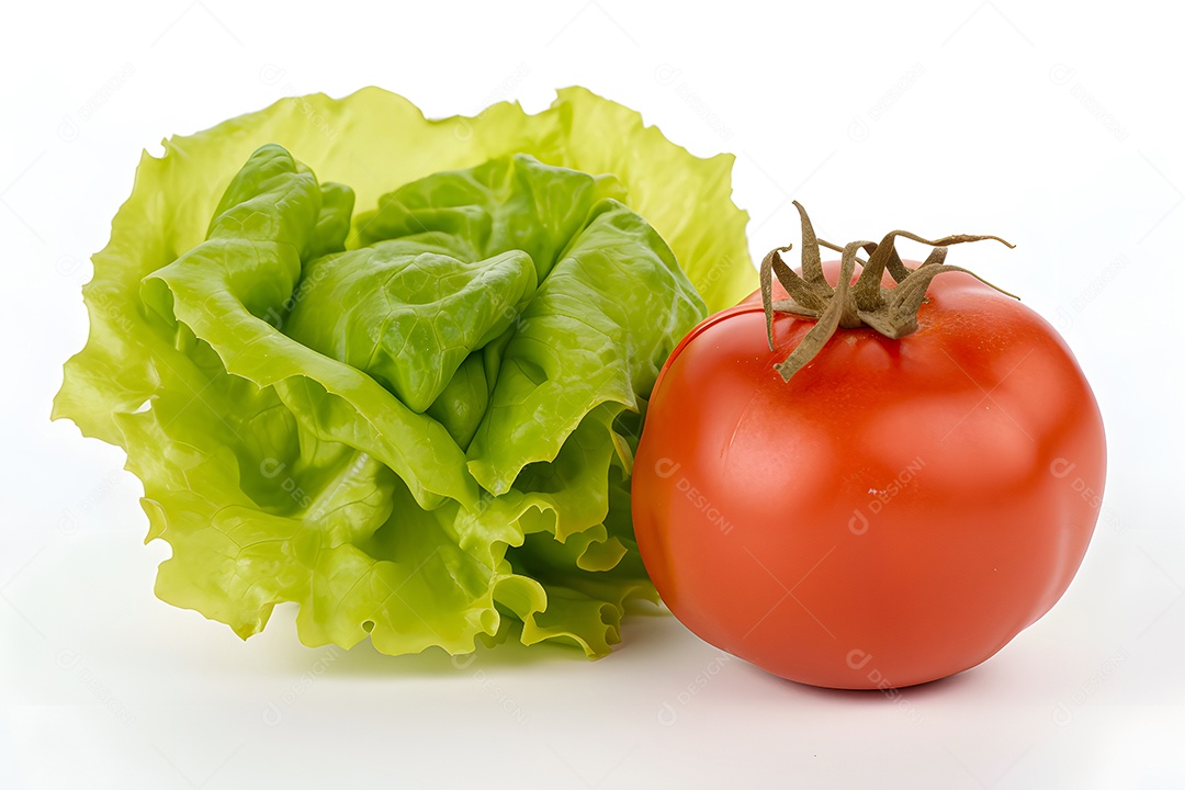 Tomate verduras alface sobre fundo branco