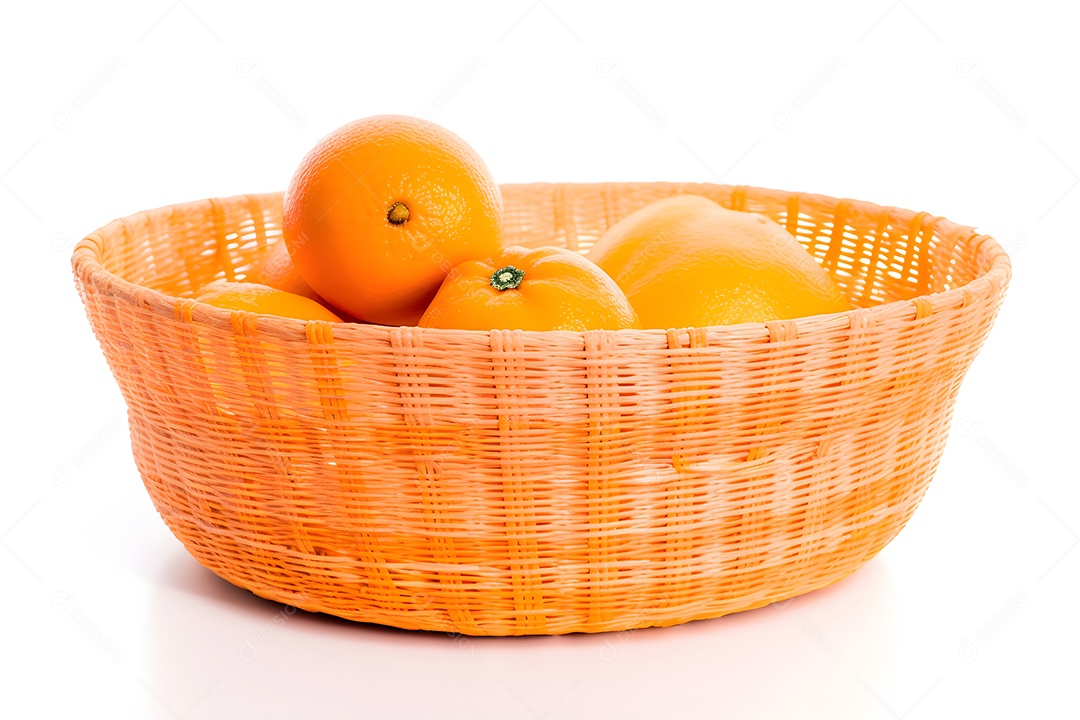 Laranjas frescas sobre uma cesta em um fundo isolado