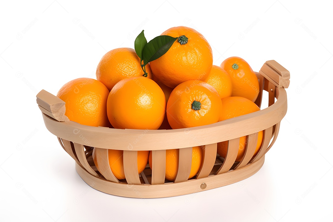 Laranjas frescas sobre uma cesta em um fundo isolado