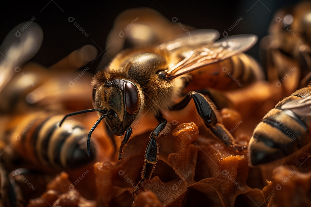 Abelha sobre colmeia sobre fundo desfocado