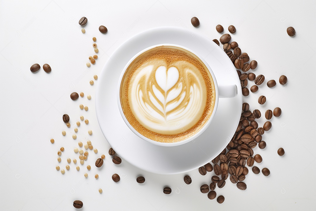 Xicara de café sobre uma mesa grãos