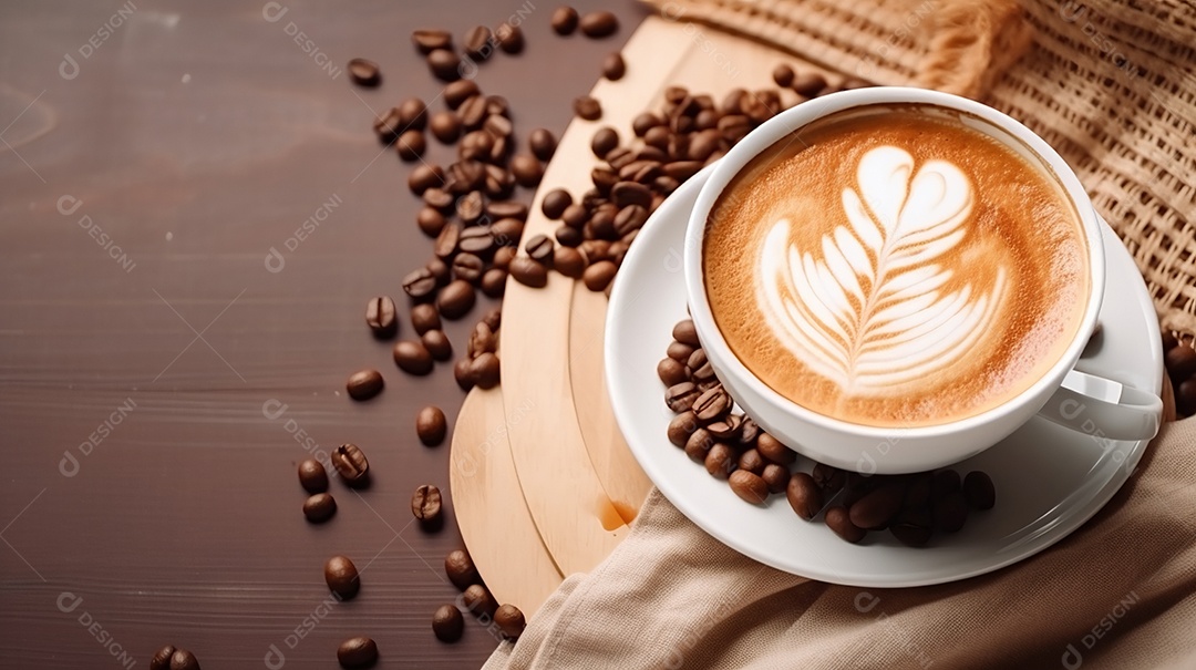 Xicara de café sobre uma mesa grãos