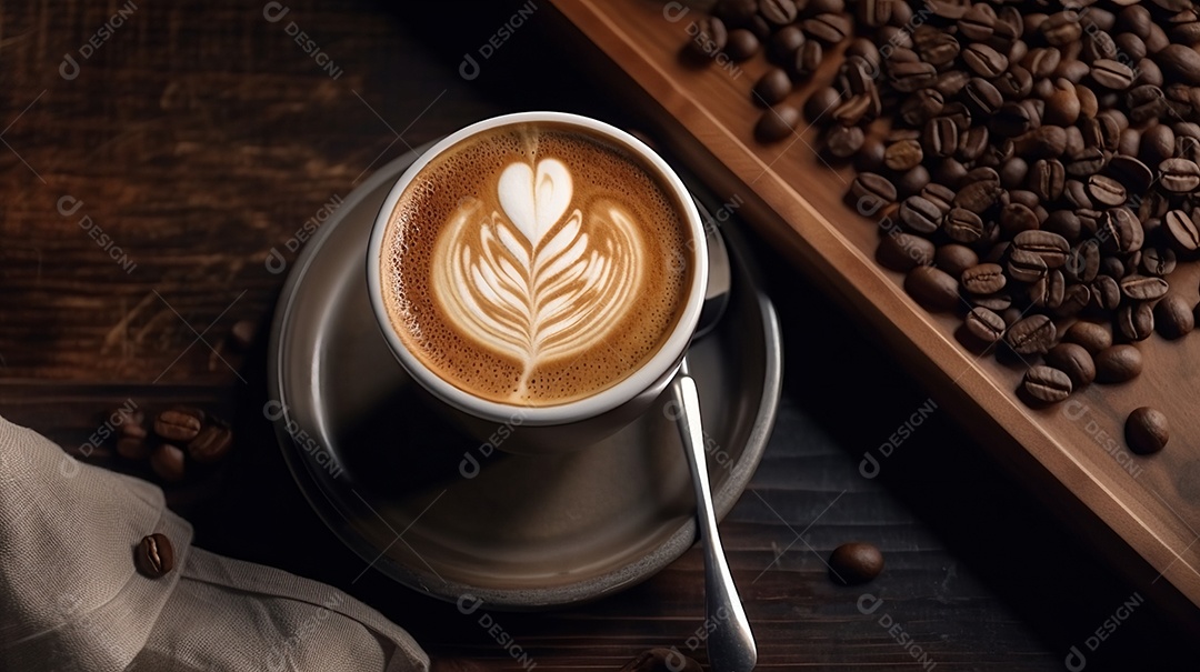 Xicara de café sobre uma mesa grãos