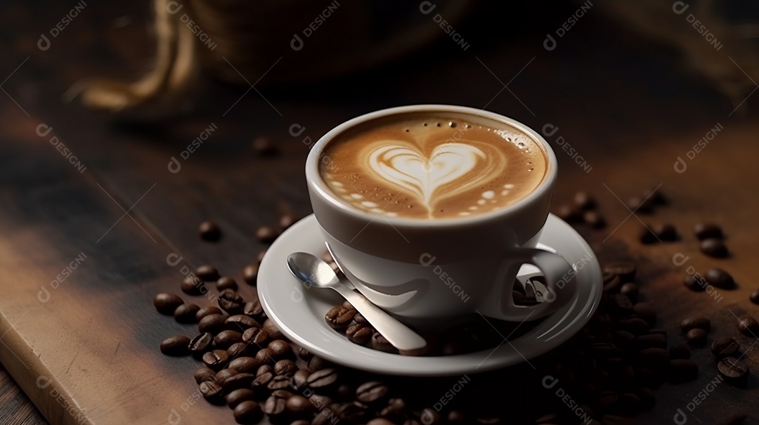 Xicara de café sobre uma mesa grãos