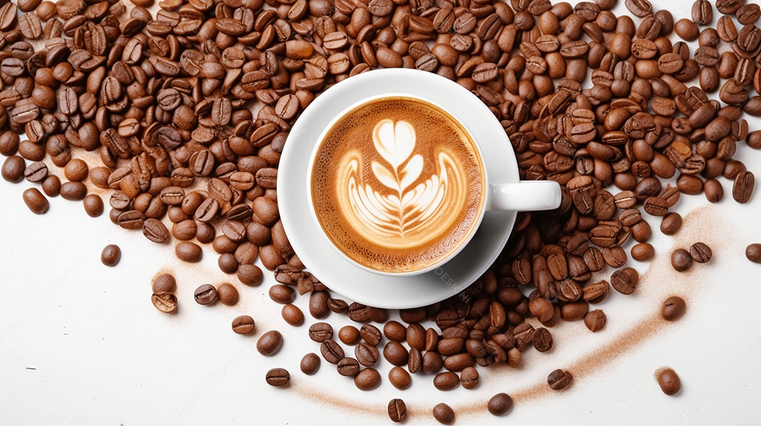 Xicara de café sobre uma mesa grãos