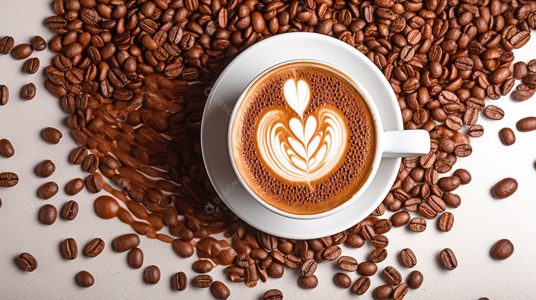 Xicara de café sobre uma mesa grãos