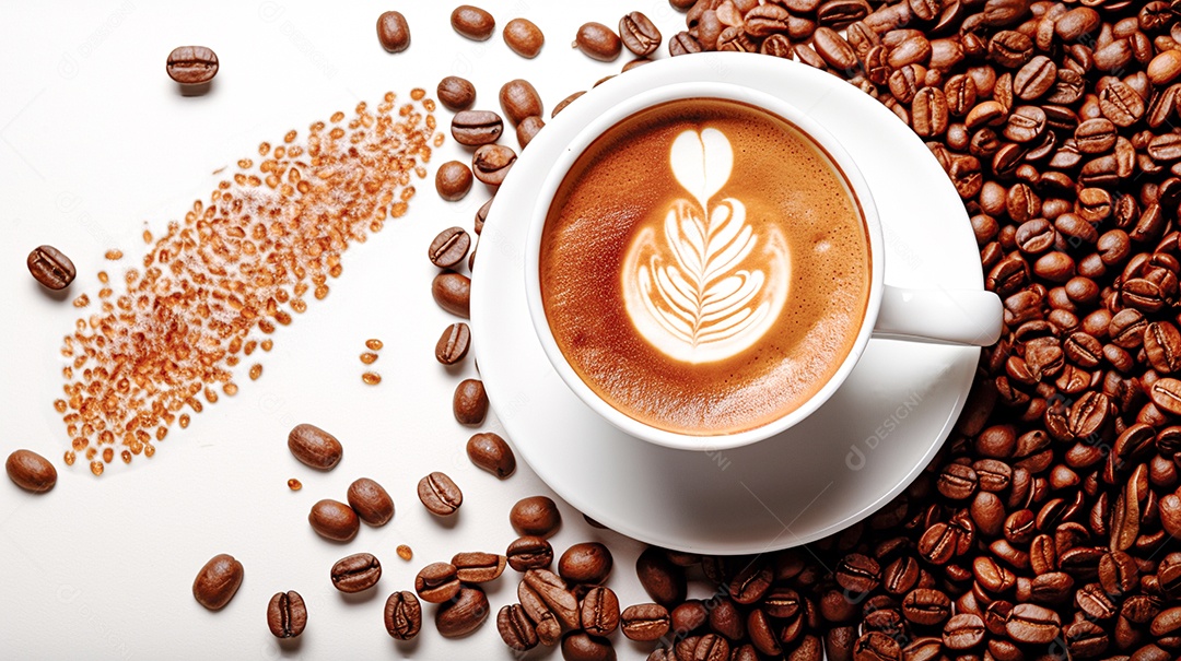 Xicara de café sobre uma mesa grãos