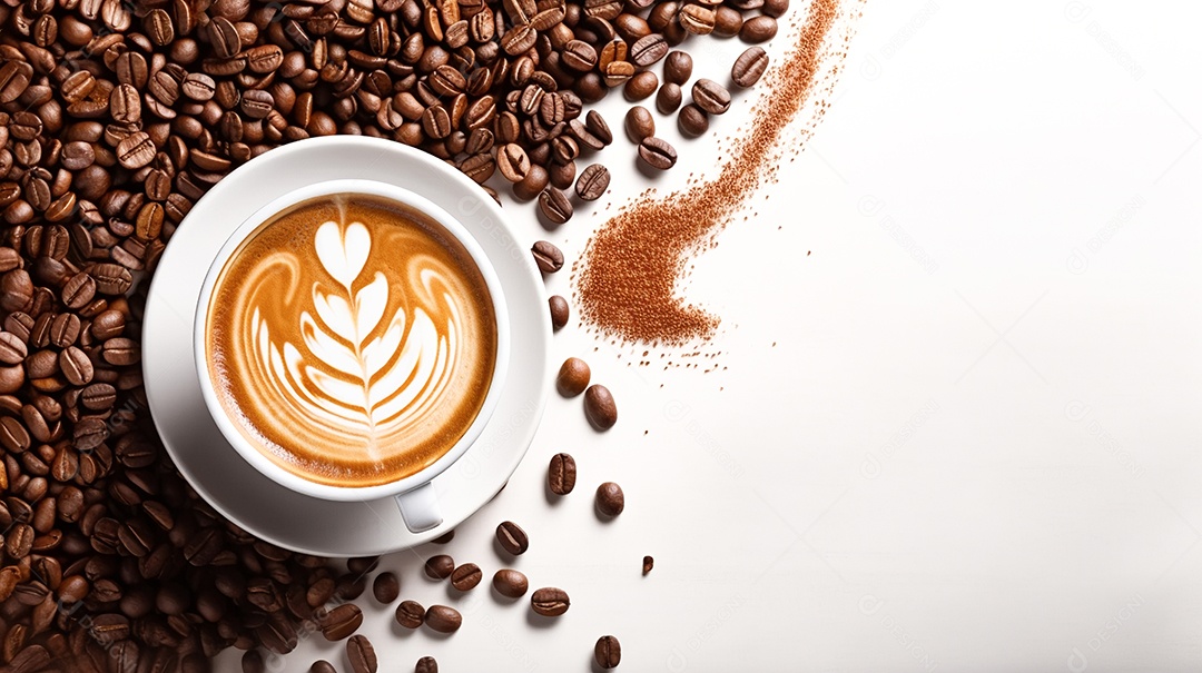 Xicara de café sobre uma mesa grãos