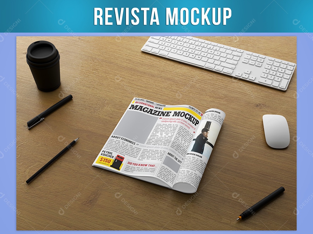 Revista Mockup Mesa Madeira Teclado Mouse PSD