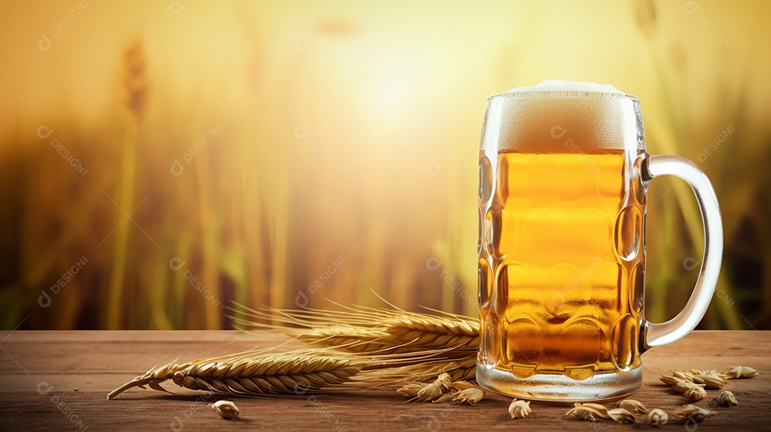 Copo de cerveja sobre fundo plantio de cevada