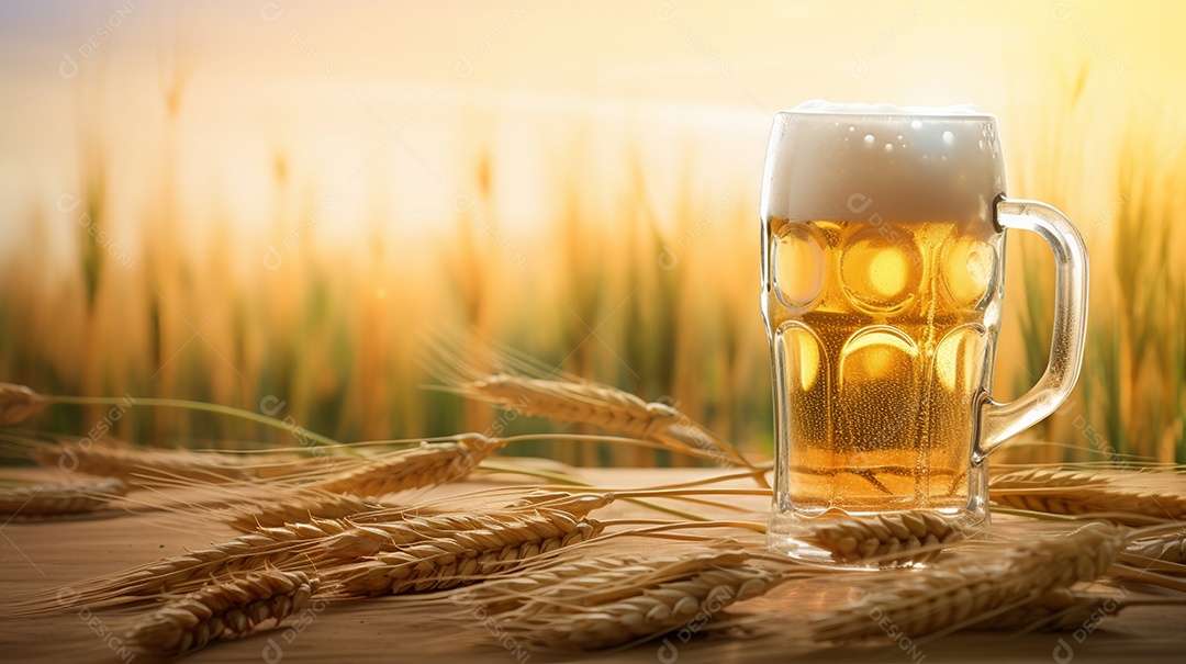 Copo de cerveja sobre fundo plantio de cevada