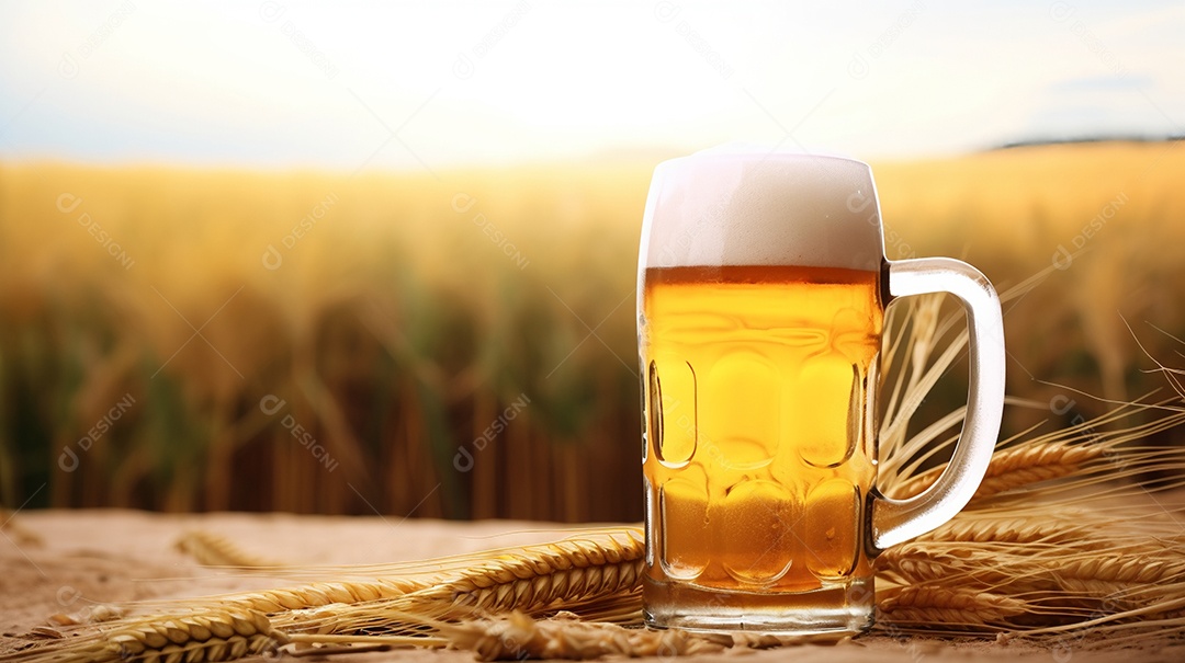 Copo de cerveja sobre fundo plantio de cevada
