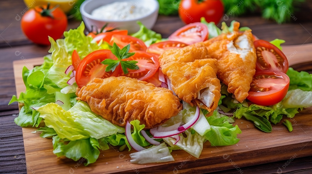 Peixe frito sobre uma tabua de madeira