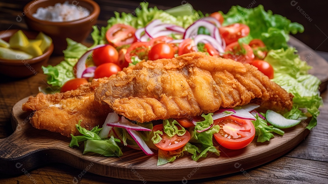 Peixe frito sobre uma tabua de madeira