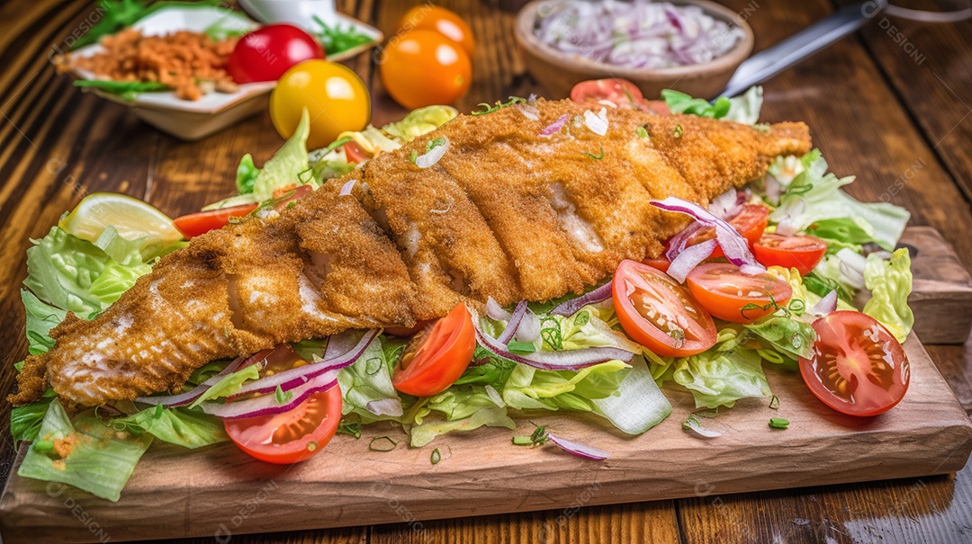 Peixe frito sobre uma tabua de madeira