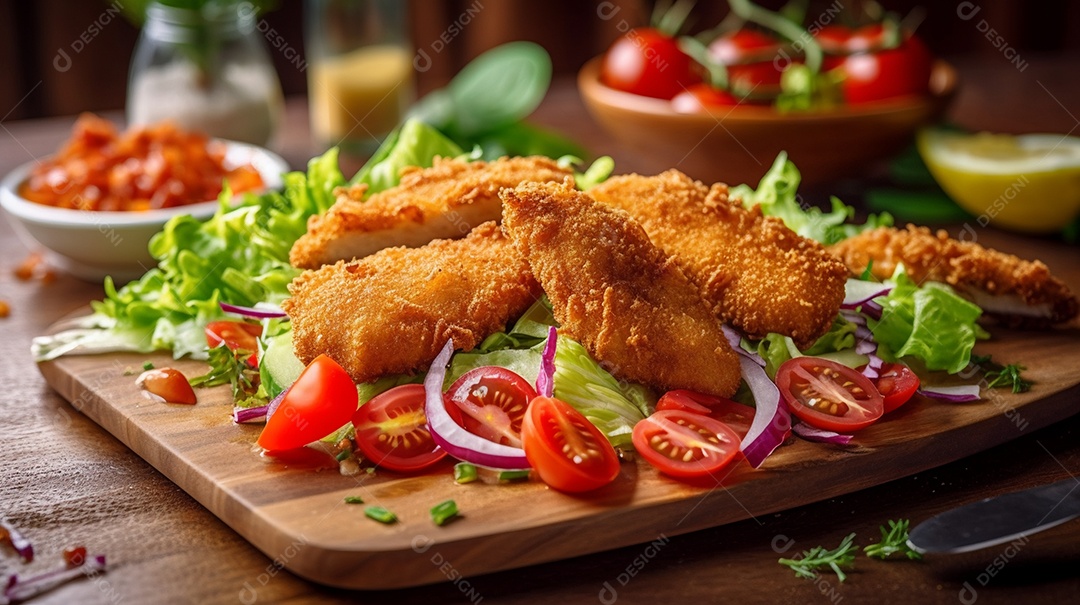 Peixe frito sobre uma tabua de madeira