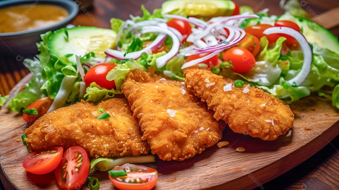 Peixe frito sobre uma tabua de madeira