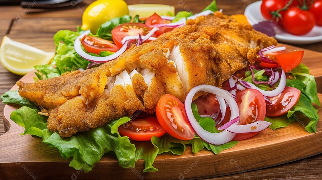 Peixe frito sobre uma tabua de madeira