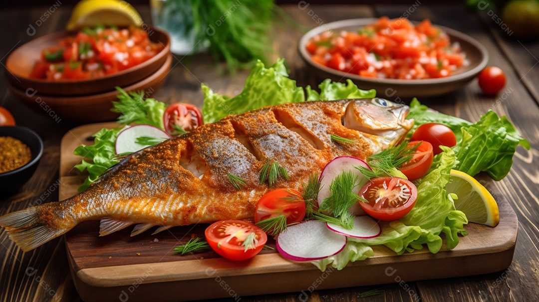 Peixe frito sobre uma tabua de madeira