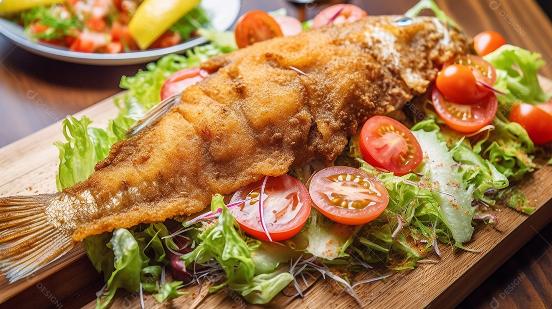 Peixe frito com legumes sobre uma tabua de madeira