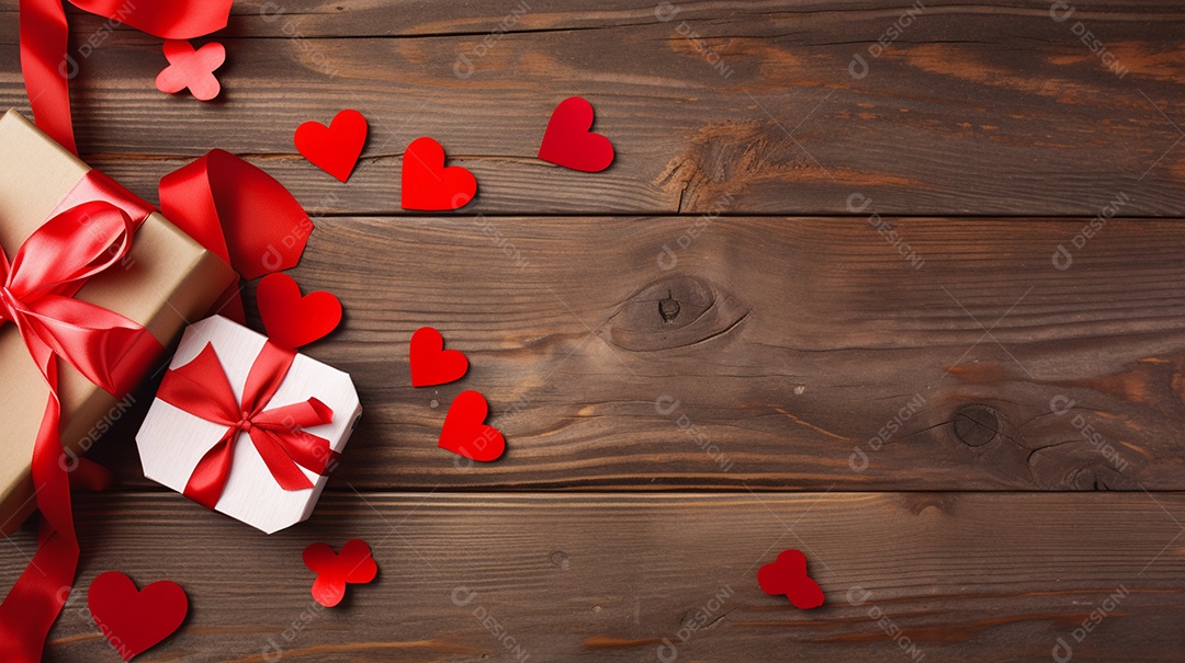 Caixas de presente com corações sobre uma mesa de madeira