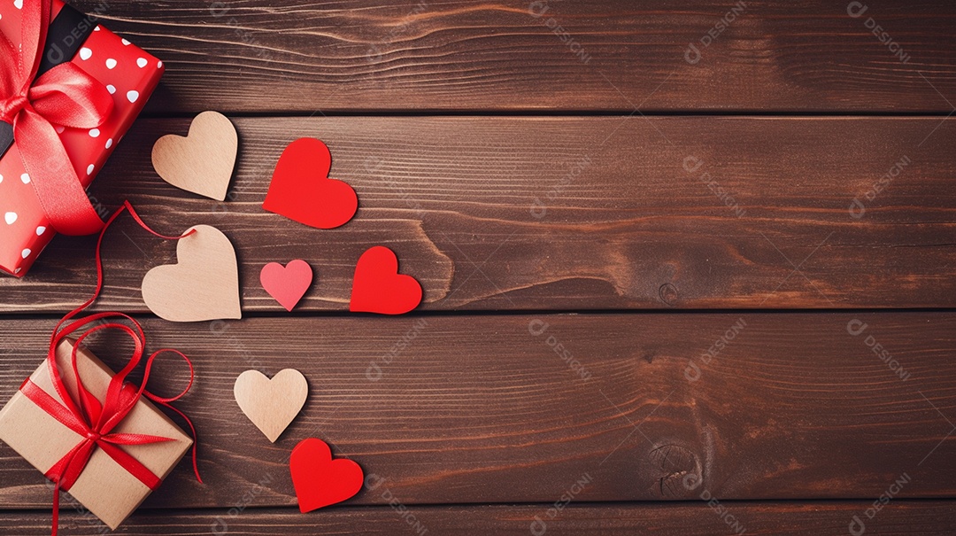 Caixas de presente com corações sobre uma mesa de madeira