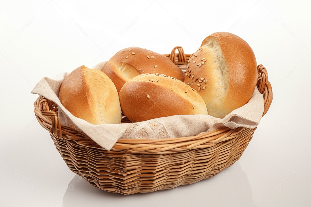 Cesta de pães sobre fundo isolado branco